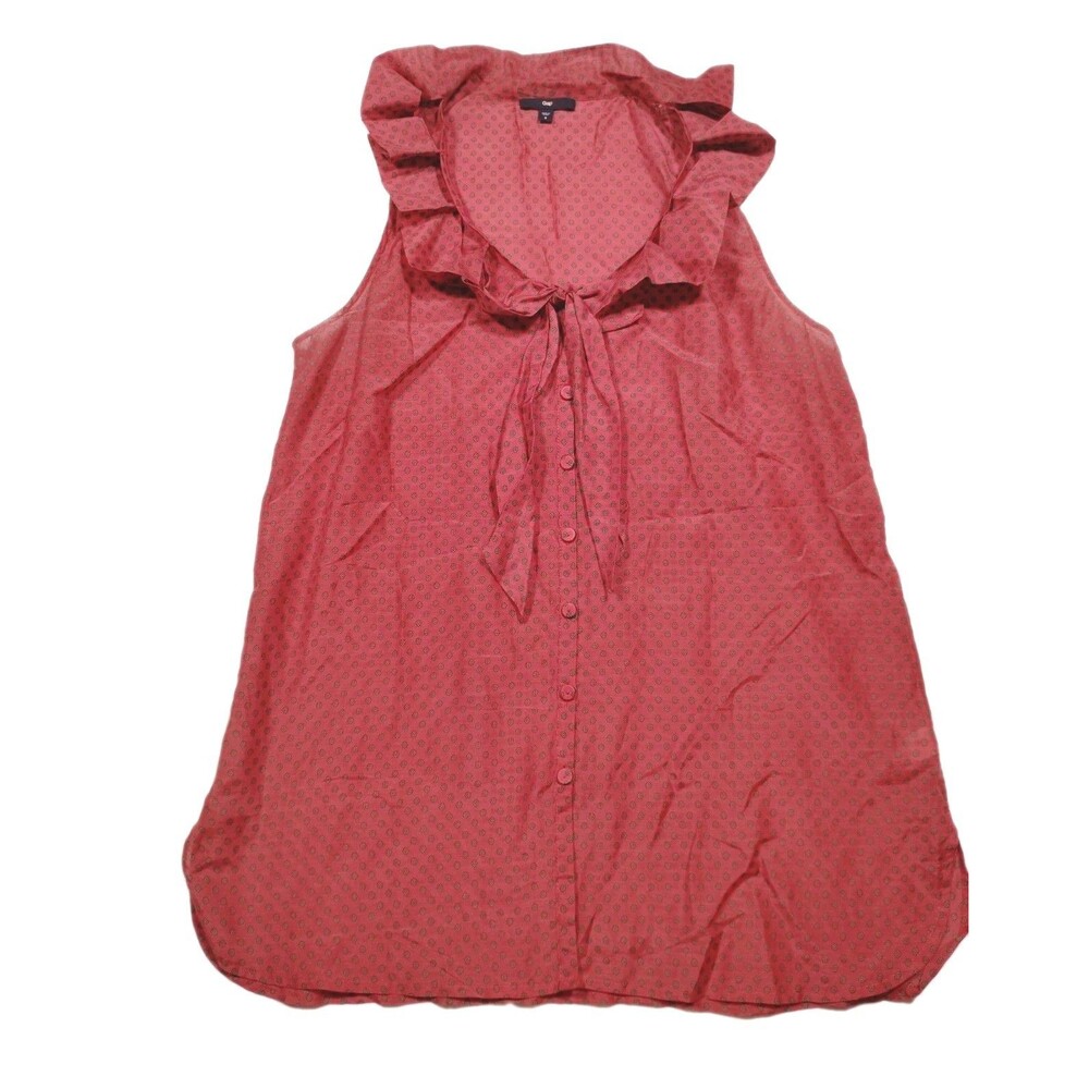Gap Blouse Silk Red Floral Sleeveless Blouse S Ruffle Collar Bow Button Down